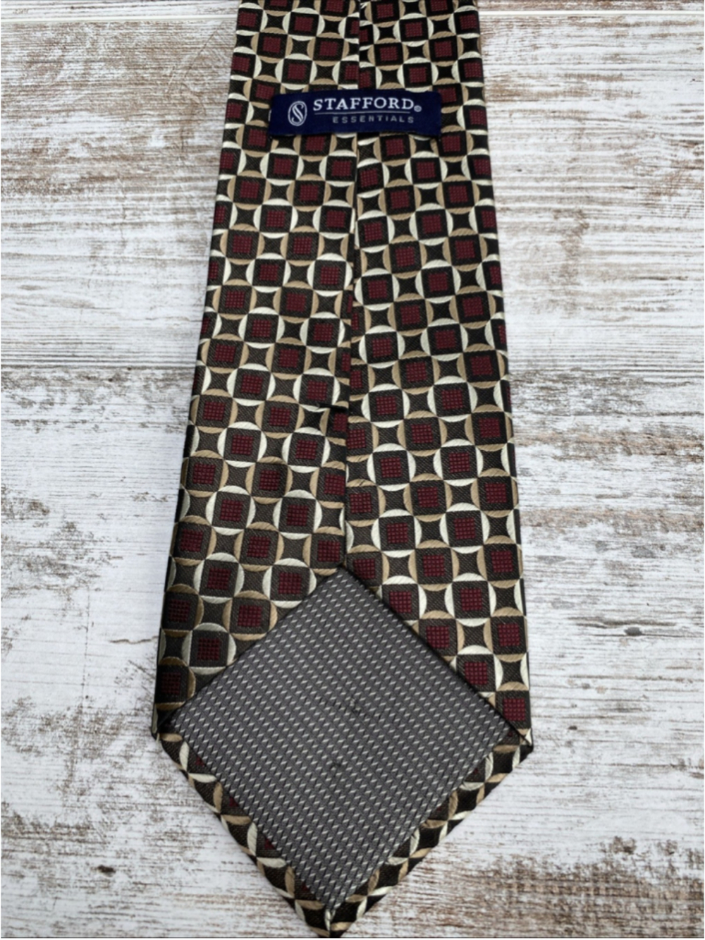 Stafford Essentials Tie Geometric Red Gold Black Extra Long 63” Polyester - Picture 4 of 6
